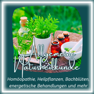 Ein Bild mit Kräutern, Globuli, Mörser. Beschriftung: Allgemeine Naturheilkunde: Homöopathie, Heilpflanzen, Bachblüten, energetische Behandlung und mehr